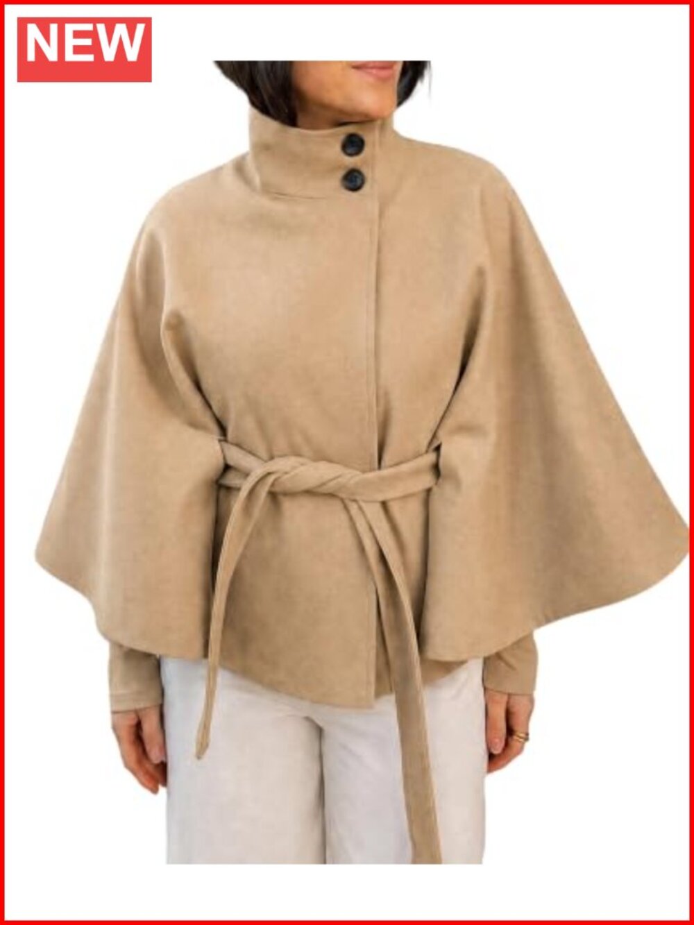 Wool Blend Peacoat with Batwing Sleeves & Belt for Women